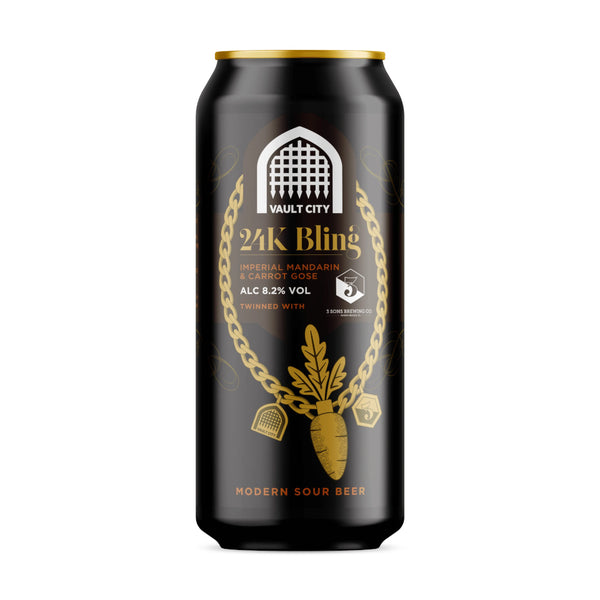 Black can of Vault City 24K Bling beer with gold design on a white background