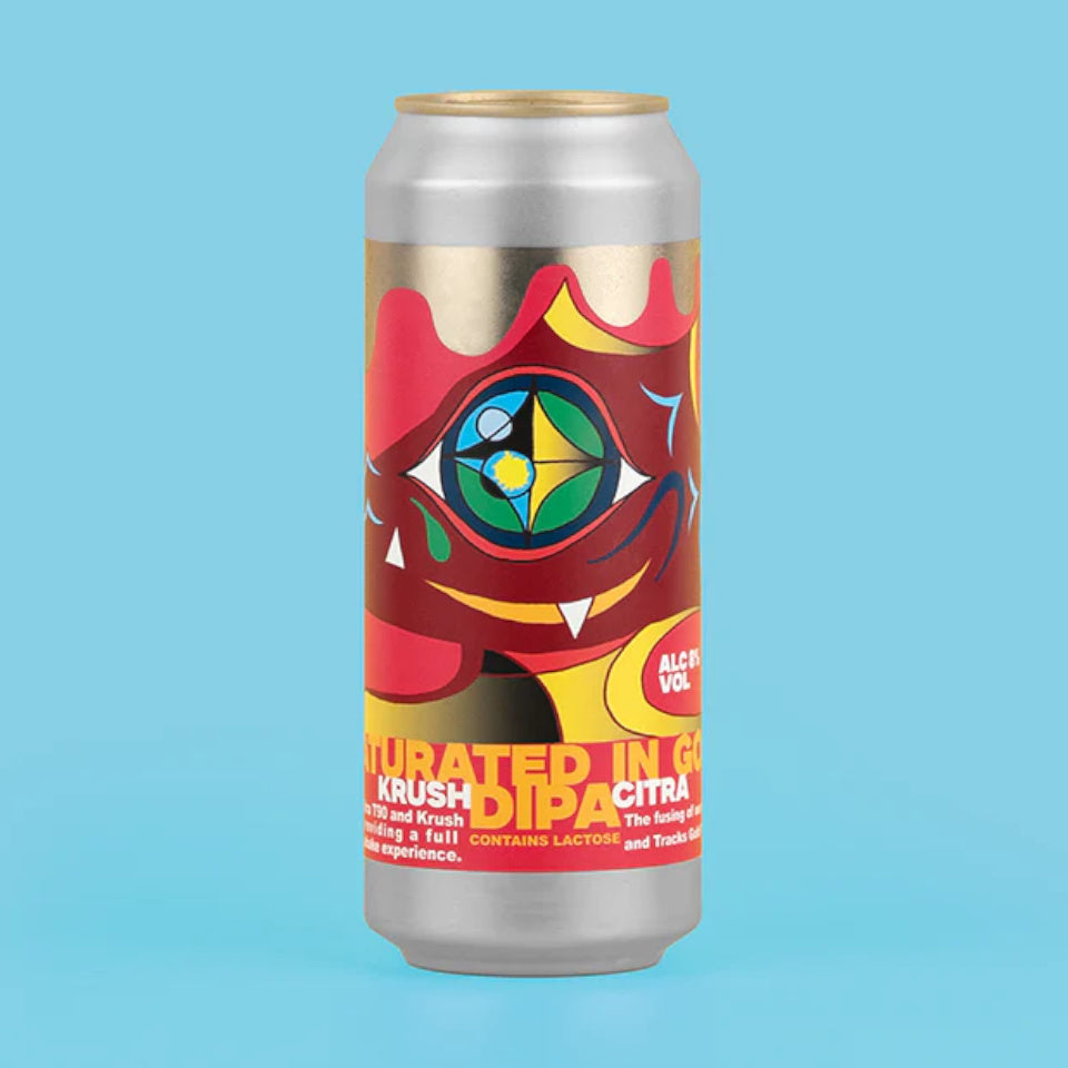 Colorful beer can with abstract design on a blue background