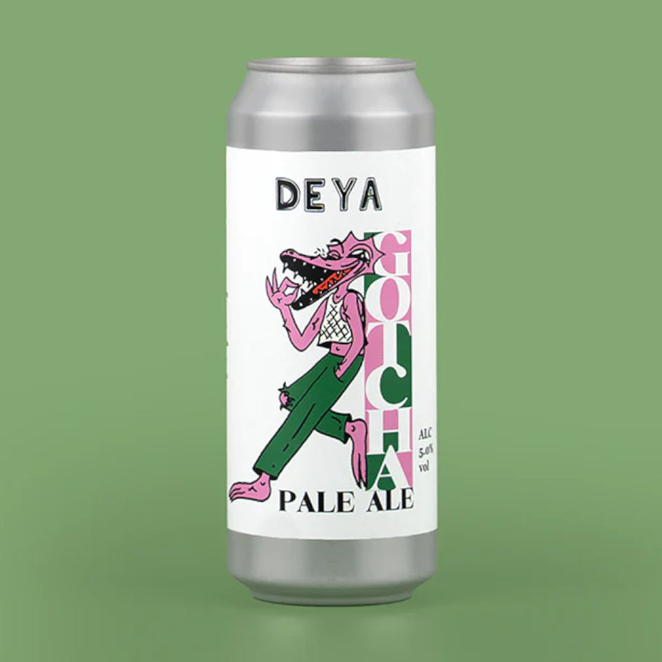 Silver can of Deya Pale Ale with a colorful label on a green background