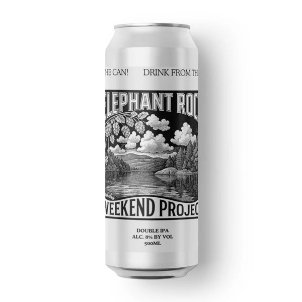 Beer can with 'Elephant Rock Weekend Project' branding on a white background