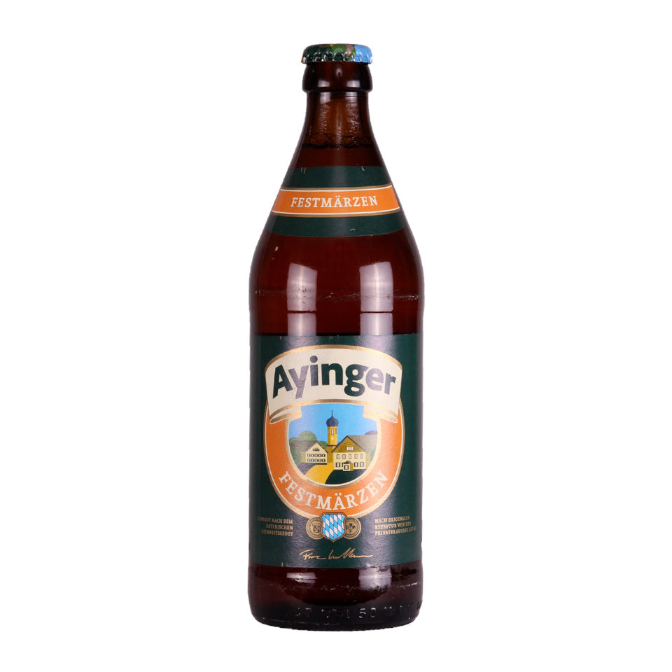 Brown beer bottle with 'Ayinger' label on a white background