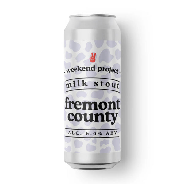 Beer can labeled 'freemont county milk stout' by 'weekend project' on a white background