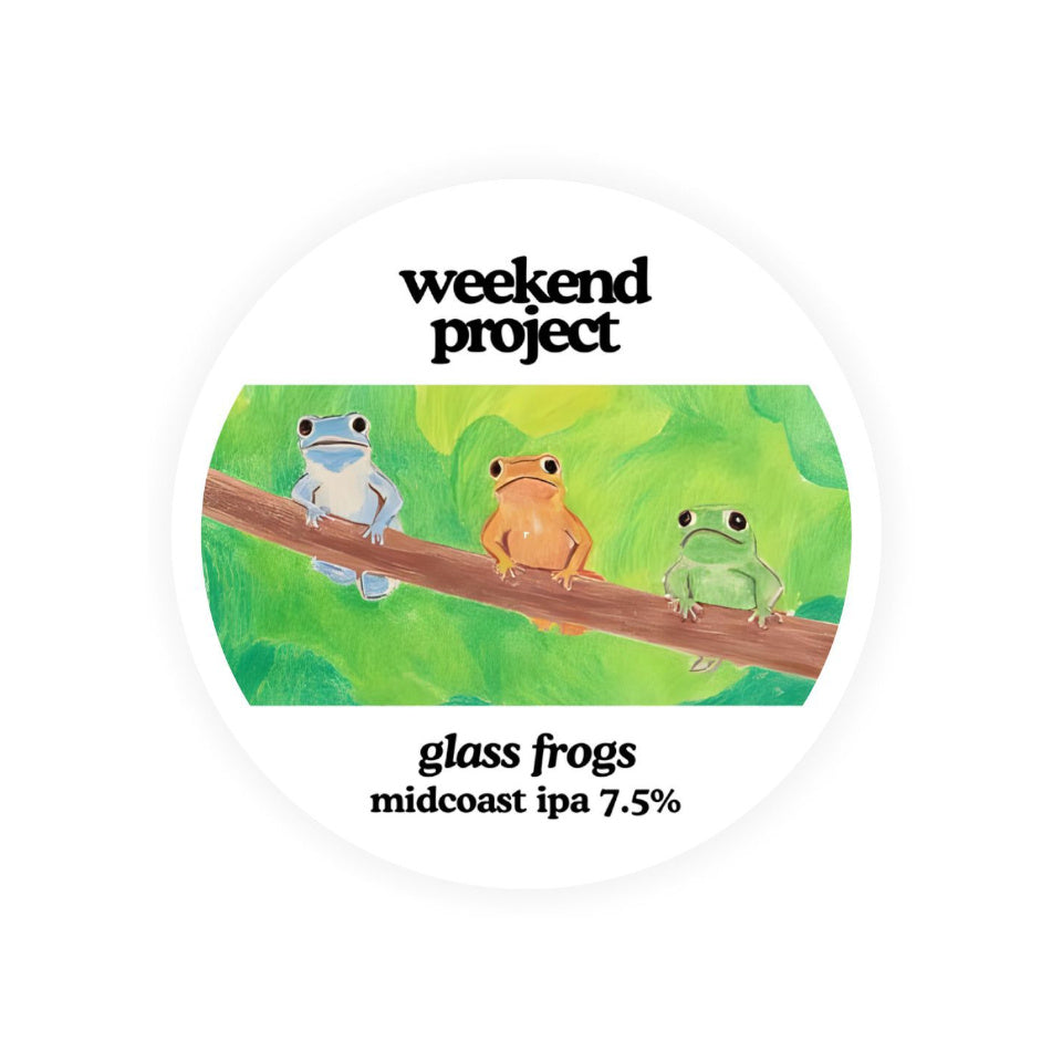 Round label with frogs and 'weekend project' branding on a white background