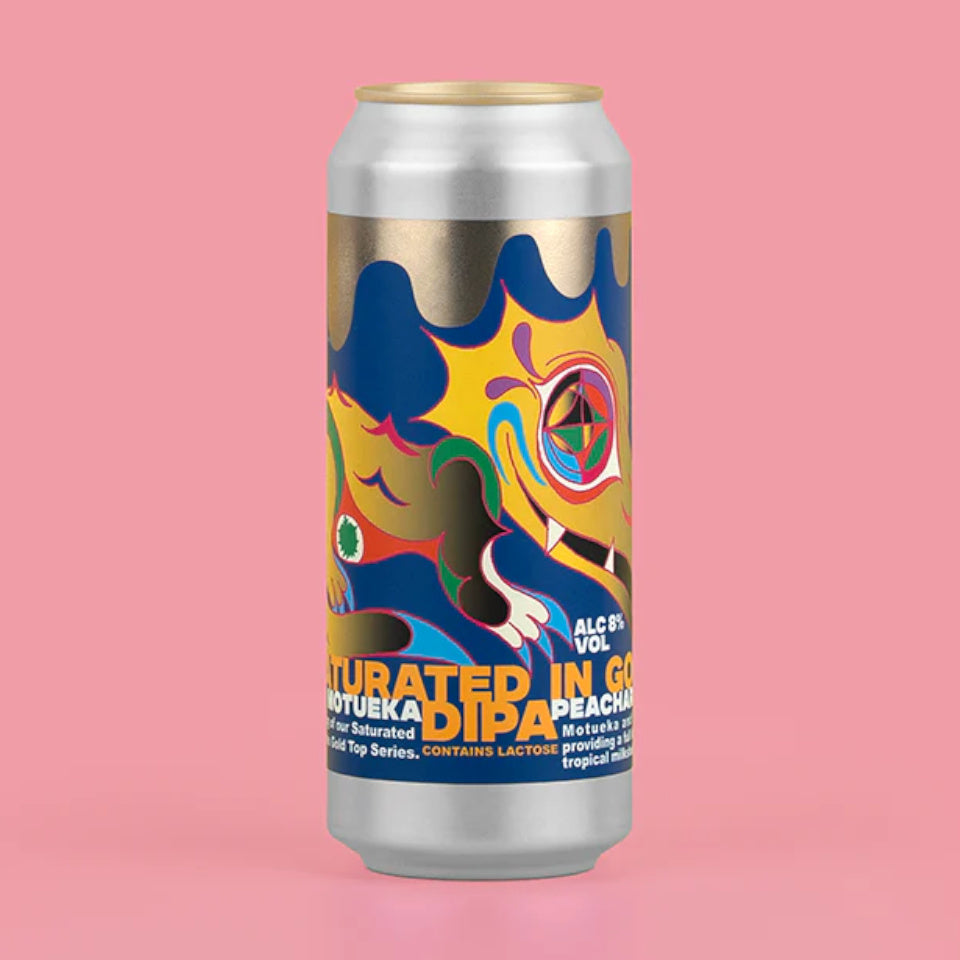 Beer can with colorful design on a pink background