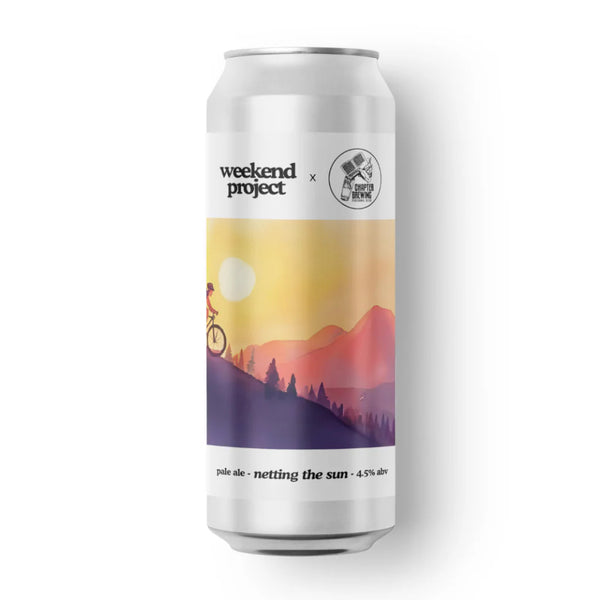 Beer can with 'weekend project' branding and a scenic design on a white background