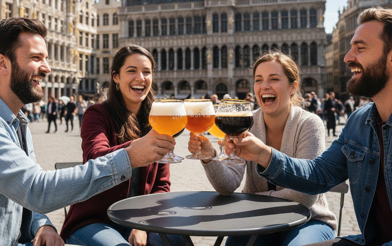People sat in a square enjoying Belgian Beers