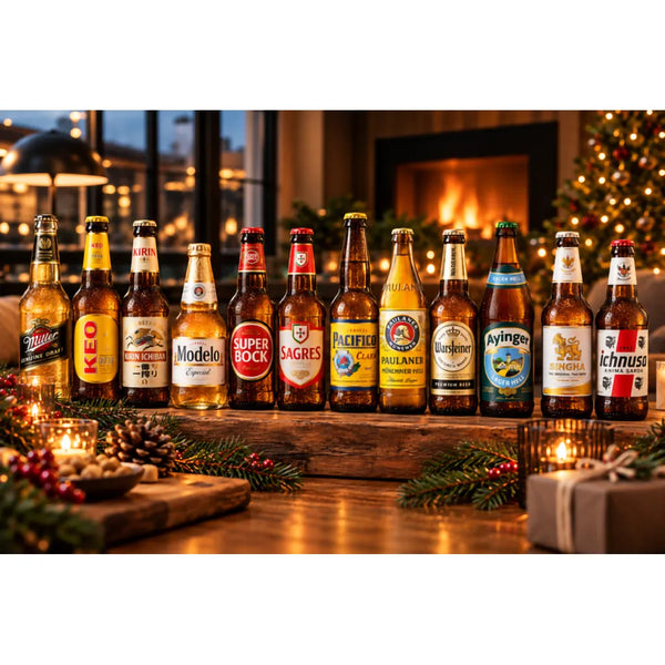 A case of 12 Beers of Christmas: The World Lager Collection on a festive background