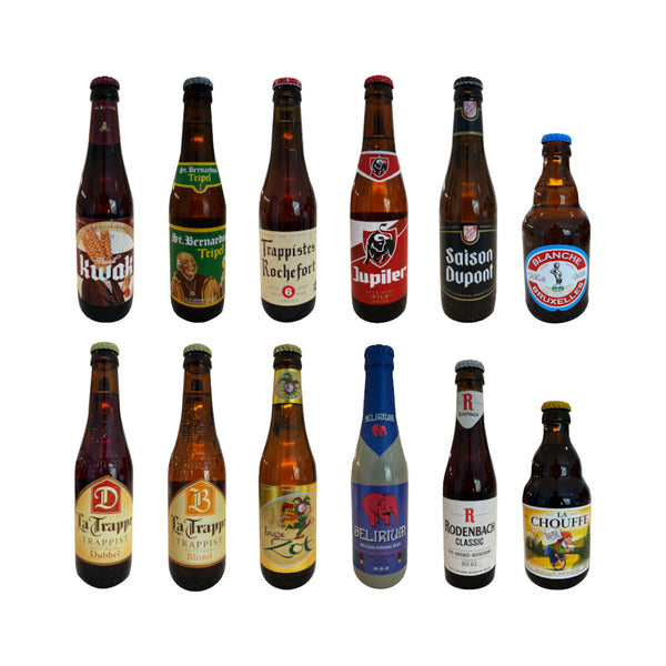 Collection of various beer bottles with different labels on a white background