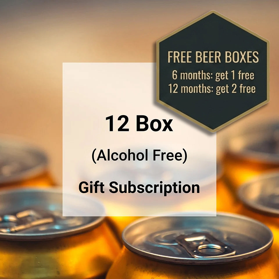 Promotional graphic for a 12-box gift subscription of mixed beer styles, featuring a central white text box over a warm, blurred background of golden beer cans. A dark green hexagonal badge in the top right reads 'FREE BEER BOXES' with subscription durations.