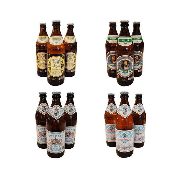 Collection of beer bottles with various labels on a white background