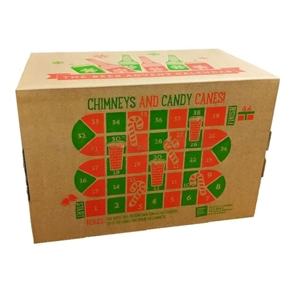 Cardboard advent calendar with Christmas-themed design on a white background
