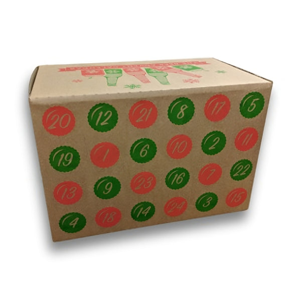 Kraft paper advent calendar box with red and green numbered labels on a white background