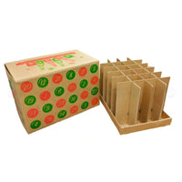 Cardboard box with numbered labels and a set of wooden boards on a white background
