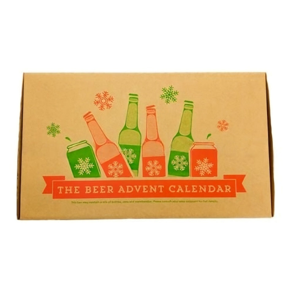 Beer Advent Calendar packaging with bottles and cans illustration on a brown background