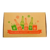 Beer Advent Calendar packaging with bottles and cans illustration on a brown background