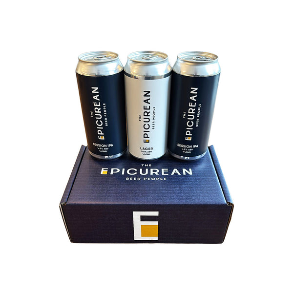 Three cans of 'The Epicurean Beer People' beer in a box on a white background
