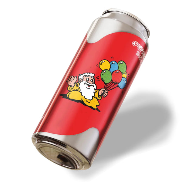 Red can with cartoon character and balloons on a white background