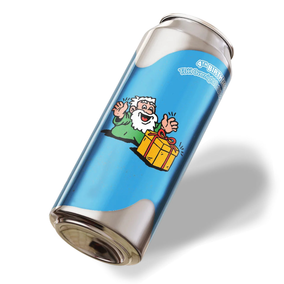 Blue can with cartoon character holding a gift on a white background