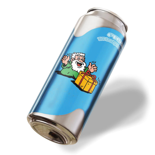 Blue can with cartoon character holding a gift on a white background