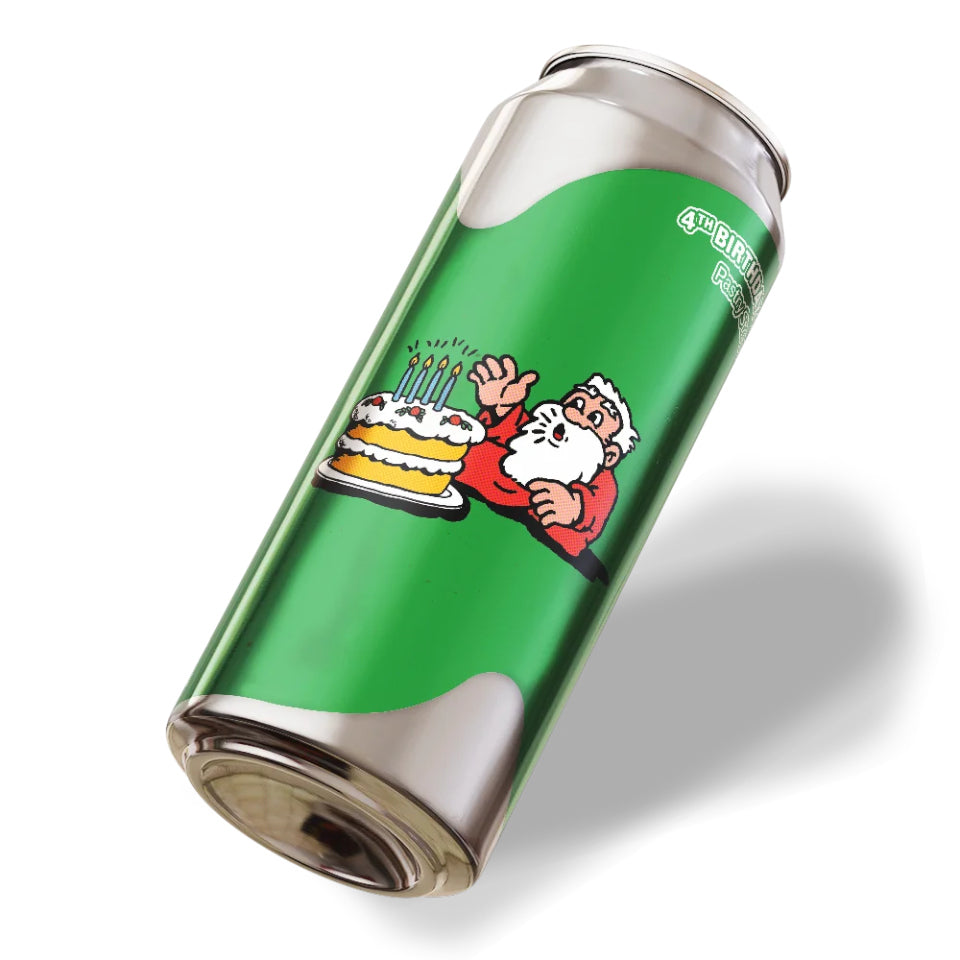 Green can with cartoon Santa Claus and birthday cake design on a white background