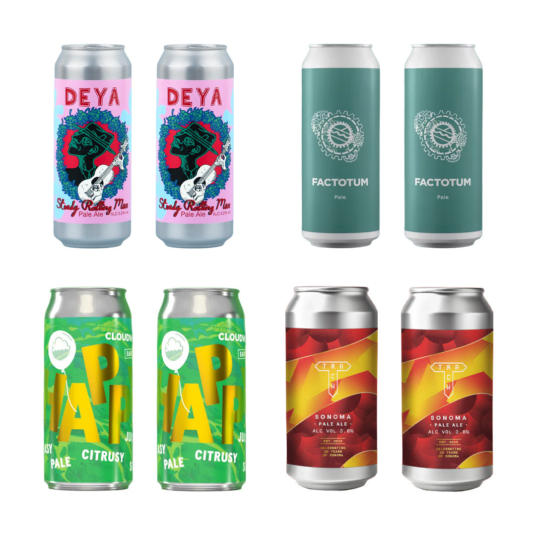 Collection of colorful beer cans with various labels on a white background