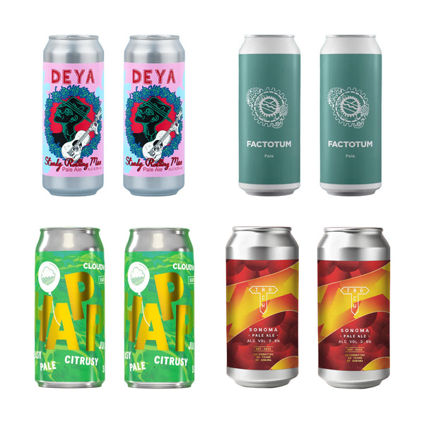 Collection of colorful beer cans with various labels on a white background