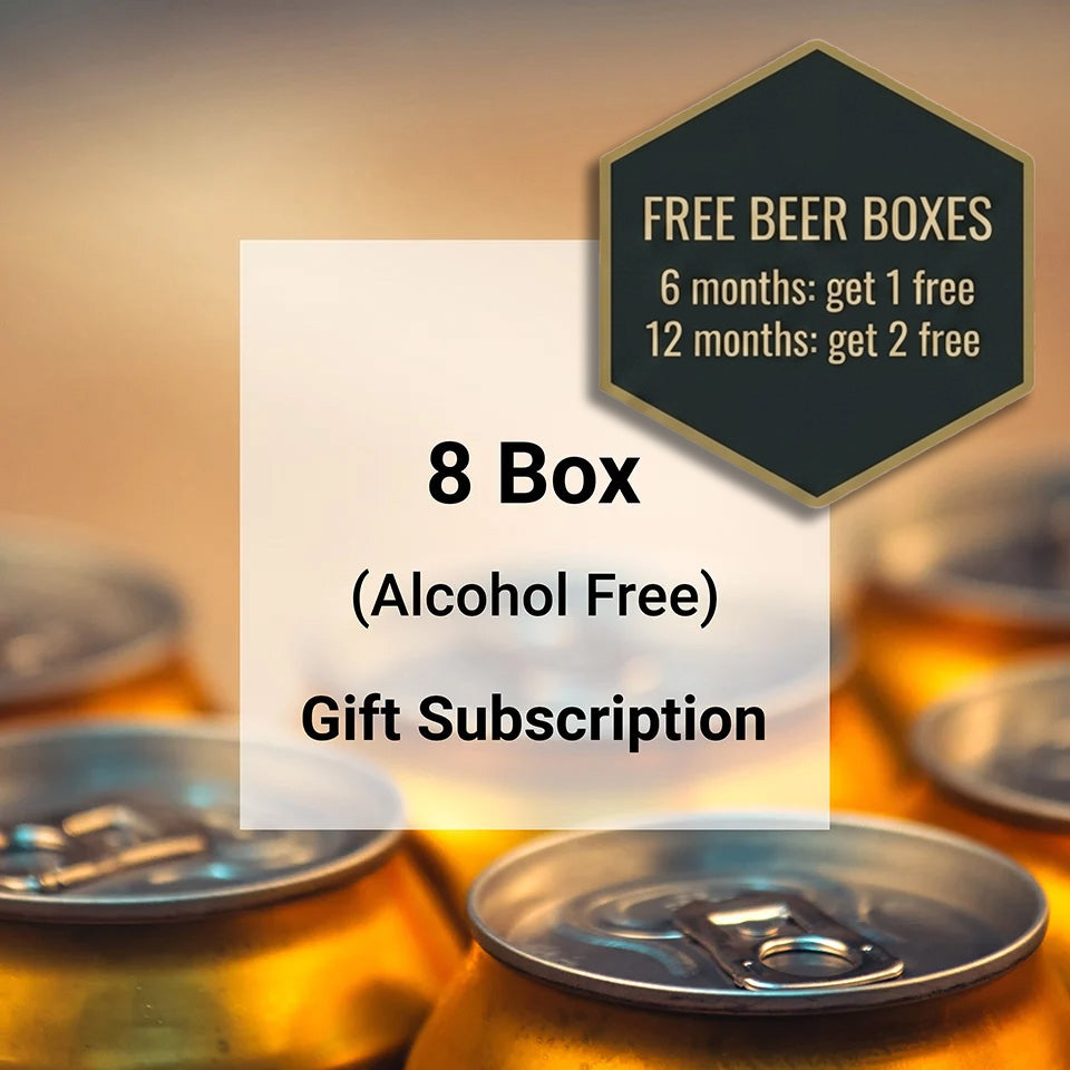 Promotional graphic for an 8-box gift subscription featuring mixed beer styles. The text '8 Box (Mixed Styles) Gift Subscription' is displayed in the center, with a dark green hexagonal badge in the top right that reads 'FREE BEER BOXES 6 months: get 1 free 12 months: get 2 free'.