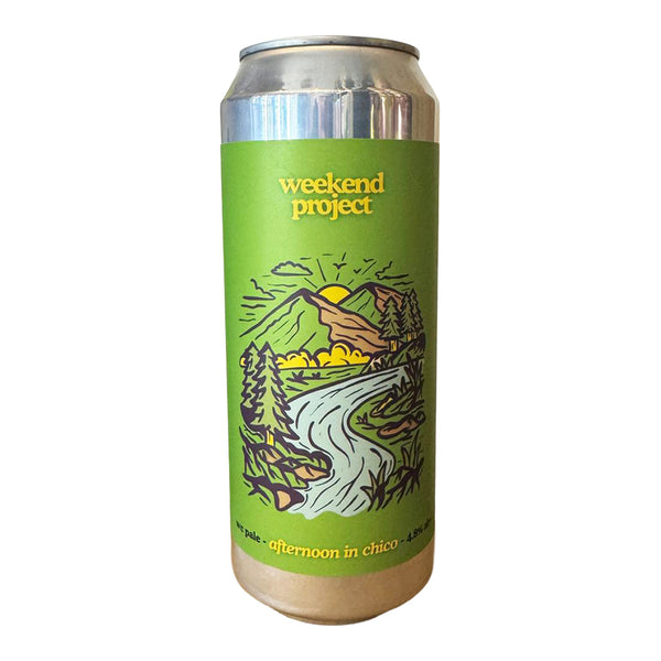 Beer can with 'weekend project' branding and nature-themed design on a white background