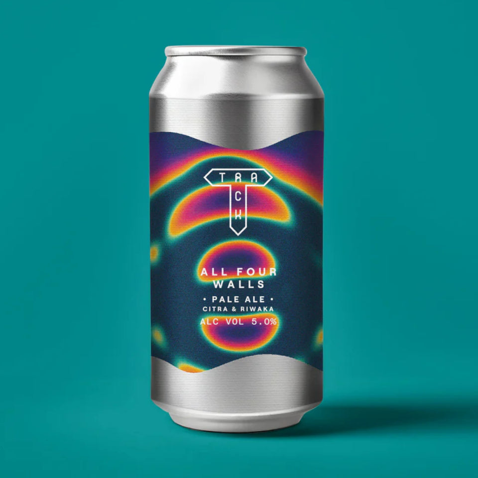 Beer can with colorful label on a teal background