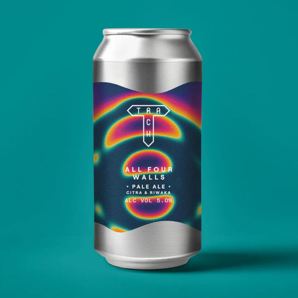 Beer can with colorful label on a teal background