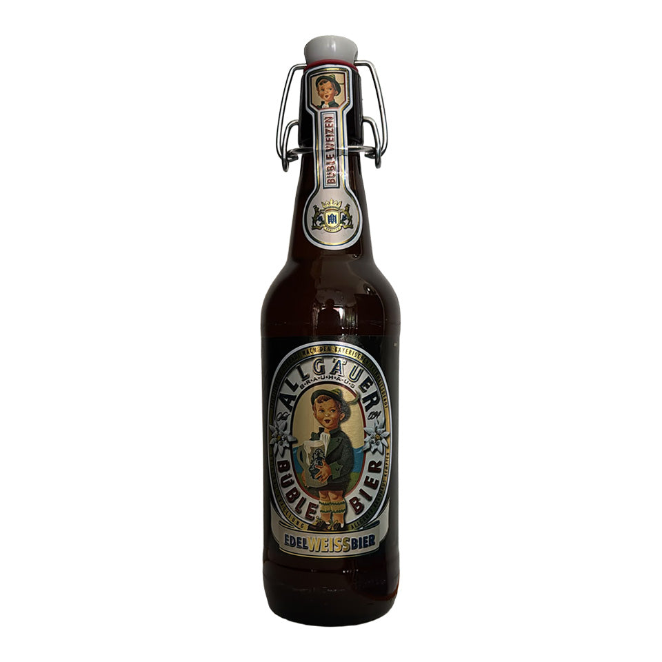 A dark brown glass swing-top beer bottle with a vintage-style label reading 'Allgauer' and 'Edelweisse', shown on a plain white background.