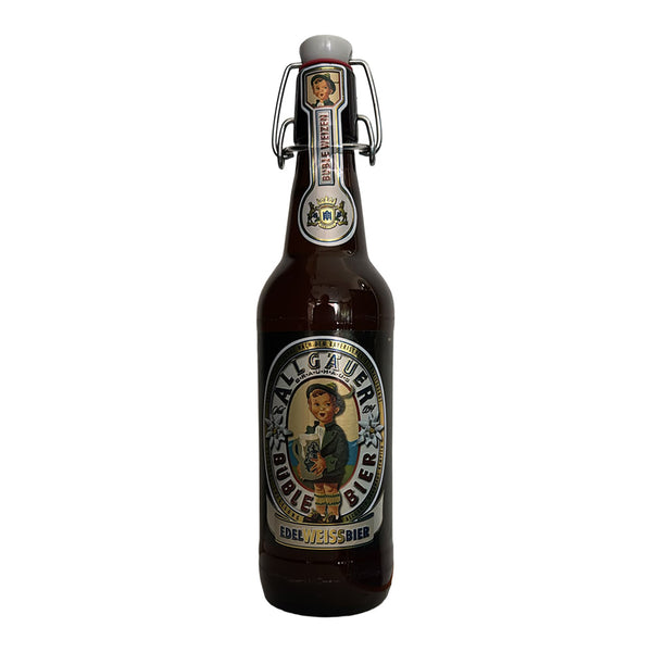 A dark brown glass swing-top beer bottle with a vintage-style label reading 'Allgauer' and 'Edelweisse', shown on a plain white background.