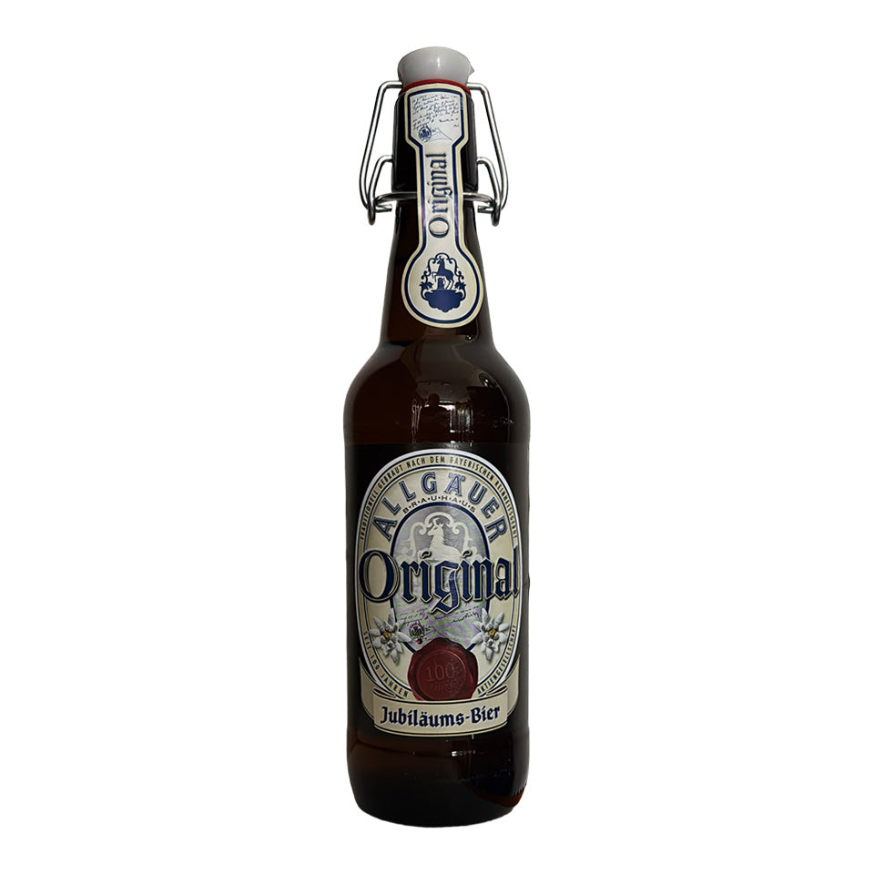 A bottle of Albgauer Original Jubilaums-Bier, featuring a dark brown glass bottle with a swing-top closure and a vintage-style cream and blue label.