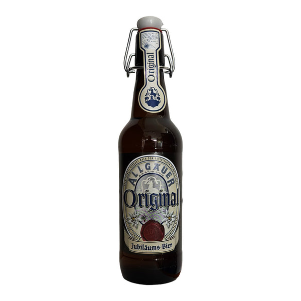A bottle of Albgauer Original Jubilaums-Bier, featuring a dark brown glass bottle with a swing-top closure and a vintage-style cream and blue label.