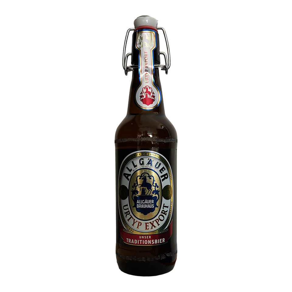 A bottle of Albgauer Export beer with a swing-top closure, featuring a dark brown glass bottle, a white and gold label, and a red seal on a plain white background.