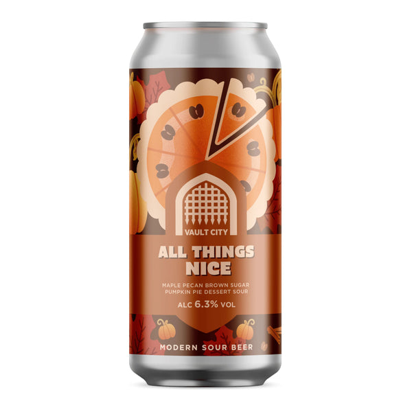 A single aluminum beverage can on a plain white background. The can features a label for Vault City All Things Nice, a maple pecan brown sugar pumpkin pie dessert sour, with an orange pumpkin pie graphic and text indicating 6.