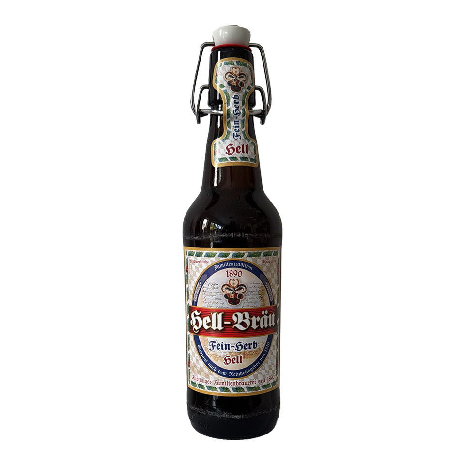 A dark glass swing-top beer bottle with a white, red, and blue label reading Bell-Braun Fein-Herd, shown on a plain white background.