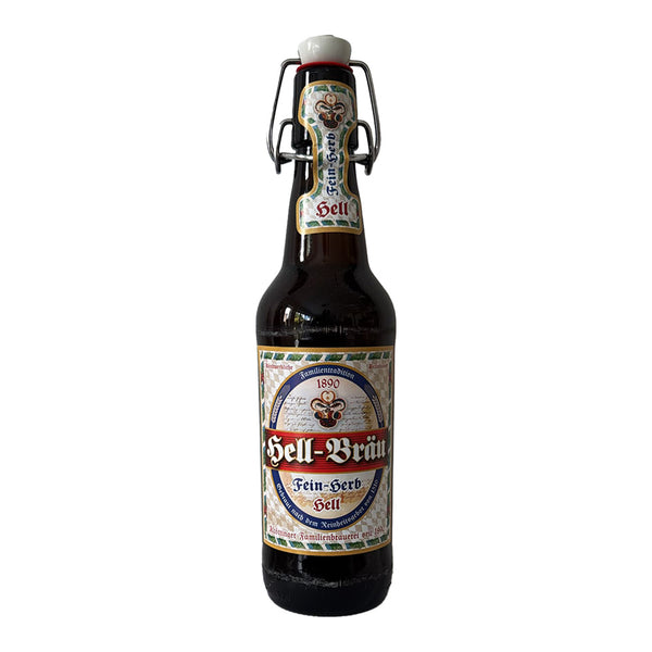 A dark glass swing-top beer bottle with a white, red, and blue label reading Bell-Braun Fein-Herd, shown on a plain white background.