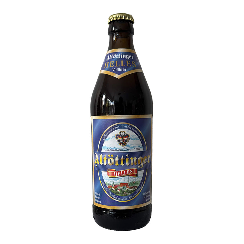 A bottle of Altottinger Helles alcoholic beer against a plain white background.