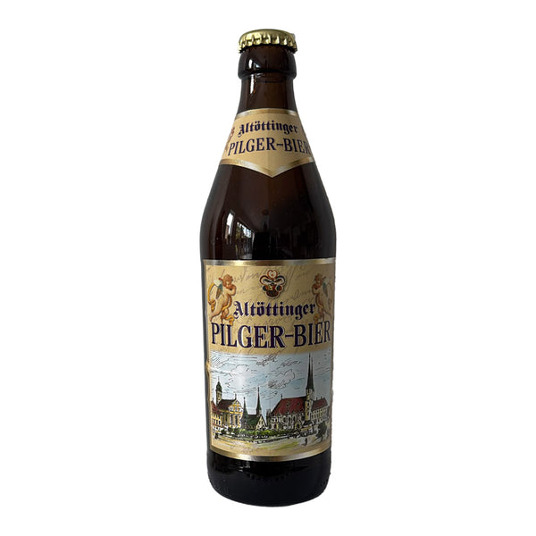 A single bottle of Altöttinger Pilger-Bier dark brown glass beer bottle with a gold cap and cream-colored label, shown against a plain white background.