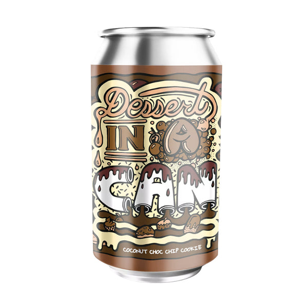Can of 'Dessert In' with chocolate-themed design on a white background