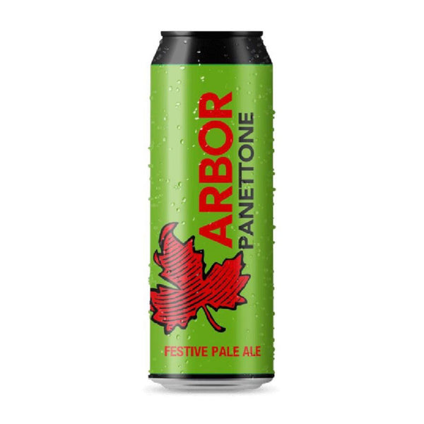 Green can of Arbor Panettone Festive Pale Ale with a red maple leaf on a white background