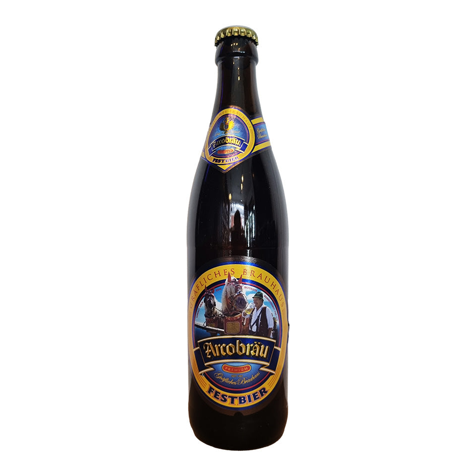 A dark brown glass bottle of Aueckräu Festbier against a plain white background. The bottle features a gold and blue neck label and a larger circular label on the front with an illustration of a ship and the brand name 'Aueckräu'.