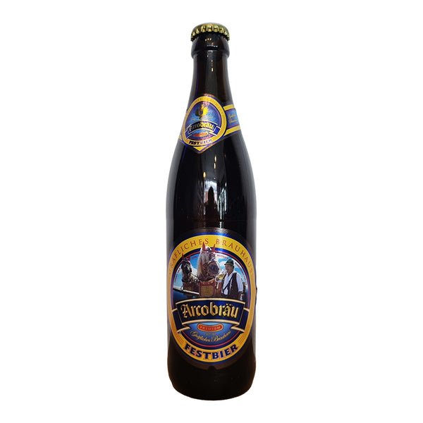 A dark brown glass bottle of Aueckräu Festbier against a plain white background. The bottle features a gold and blue neck label and a larger circular label on the front with an illustration of a ship and the brand name 'Aueckräu'.