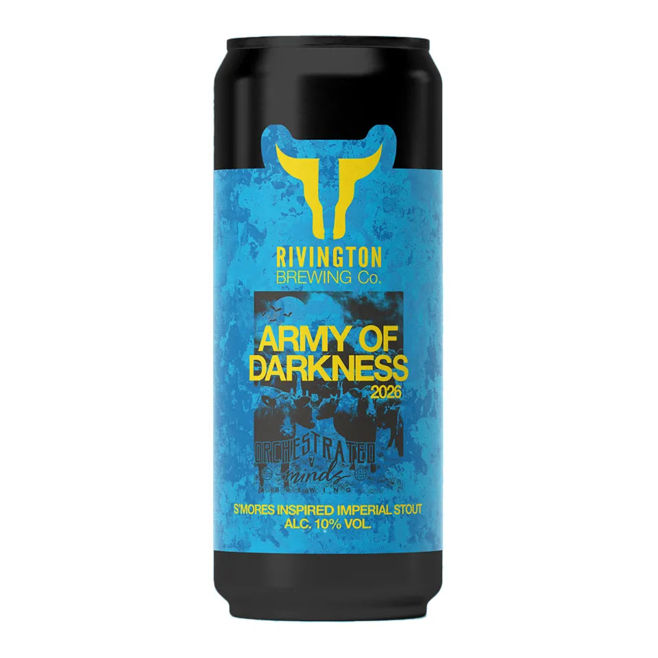 Can of Rivington x Orchestrated Minds (Collab), Army or Darkness, Smores Inspired Imperial Stout, 10%, 500ml on a white background