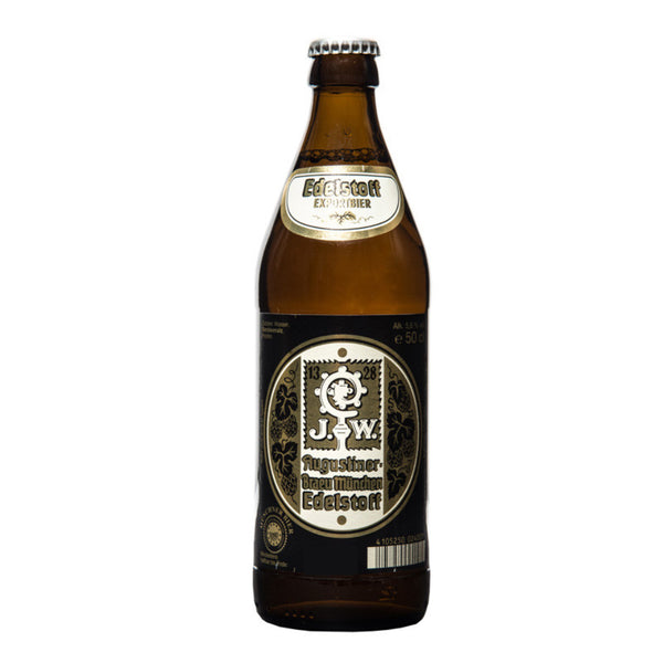 Brown beer bottle with a label on a white background