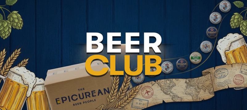 Promotional graphic for a beer club with 'The Epicurean Beer People' branding on a blue background.