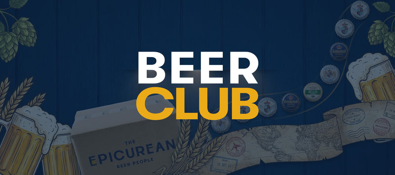 Beer club promotional graphic with text and beer-themed illustrations on a blue background