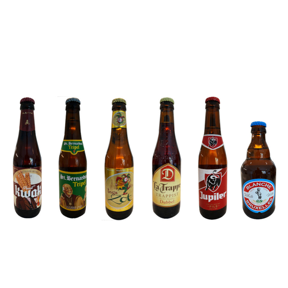 Collection of various beer bottles with different labels on a white background