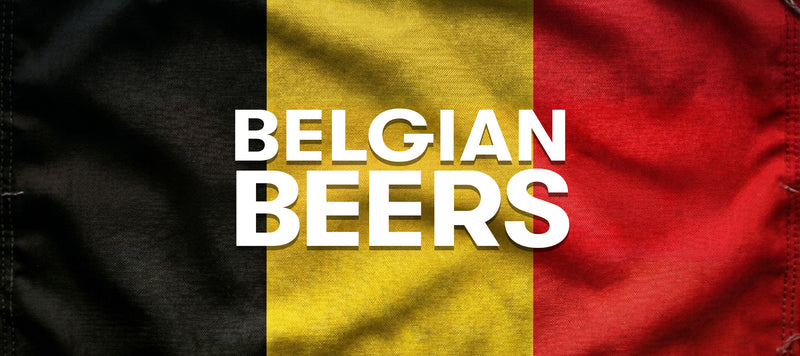Text 'Belgian Beers' on a flag with black, yellow, and red colors.